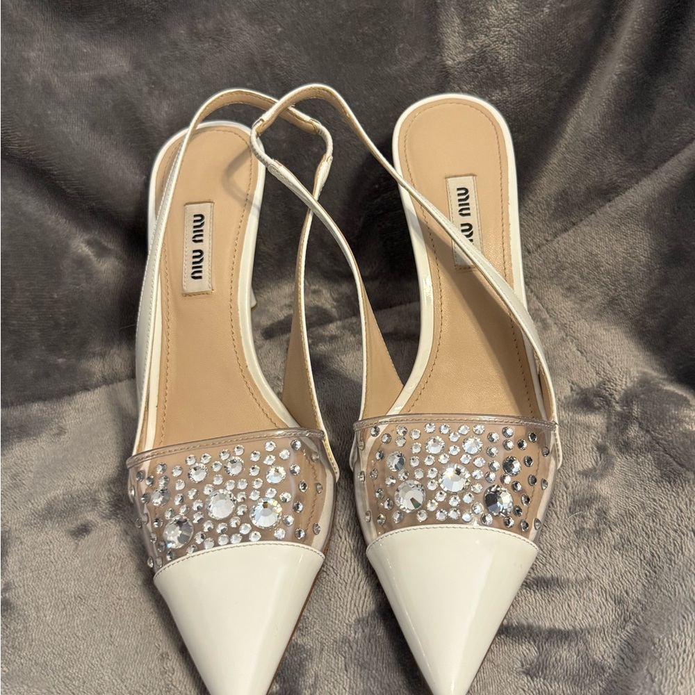 Miu Miu Cream and Silver Embellished Heels